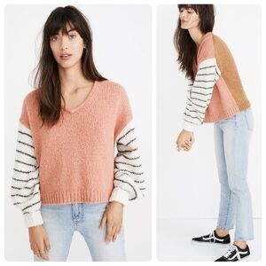 NWT Madewell Colorblock V-Neck Sweater - Pink and Tan